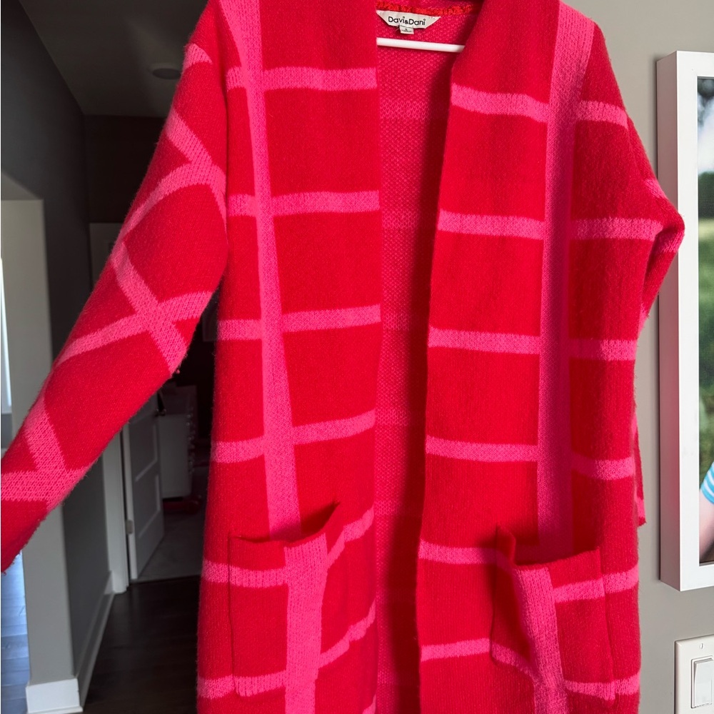 Davi & Dani Pink & Red Open-Front Sweater Cardigan